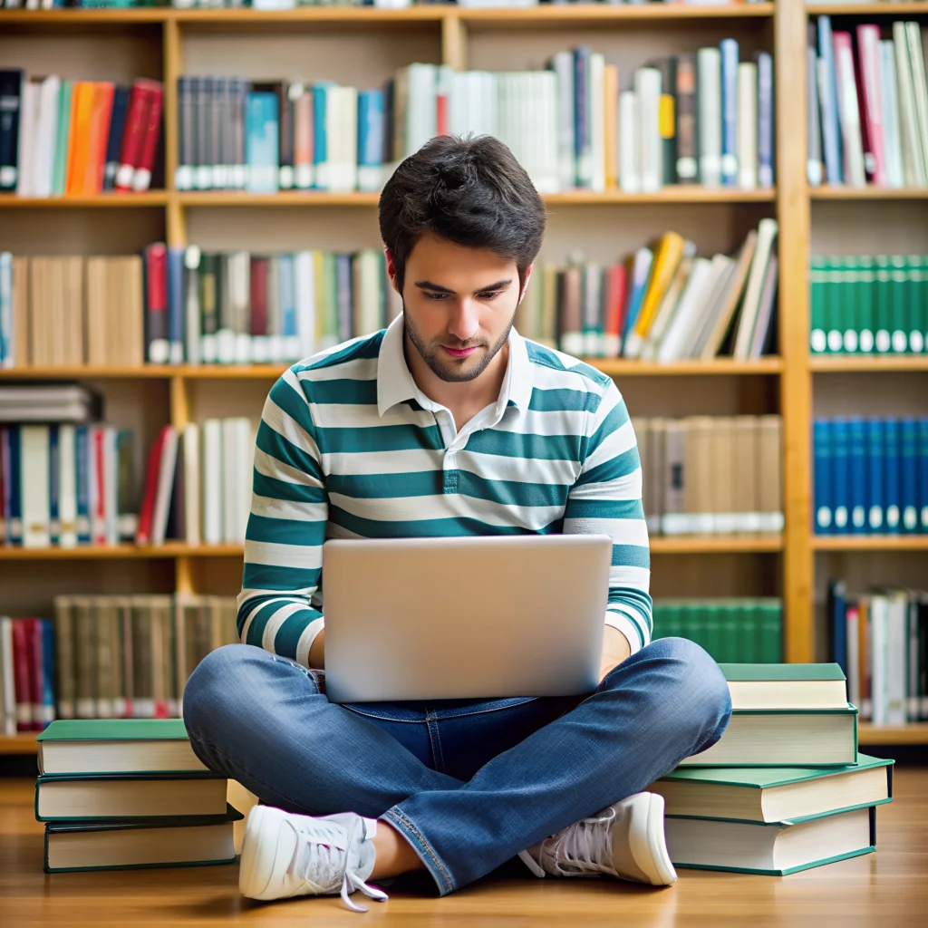Joven sentado con portátil en una biblioteca, concentrado en su TFG.
