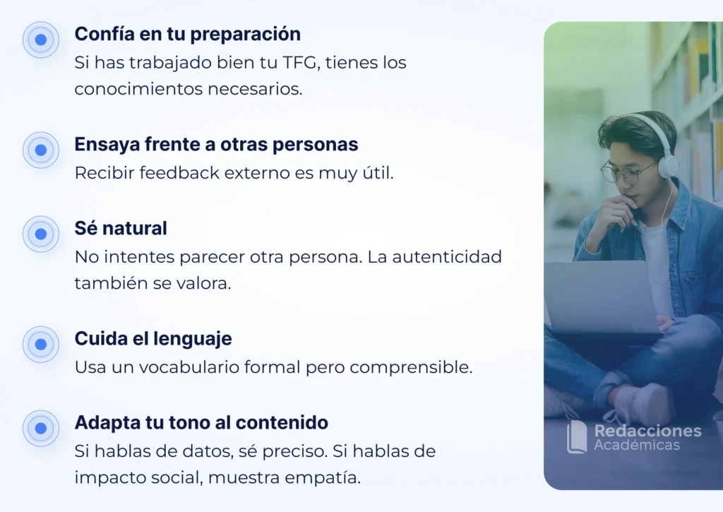 Lista de consejos clave para una presentación oral del TFG exitosa.